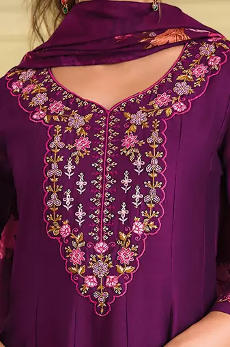 Floral embroidered silk round neck kurta trouser & dupatta set