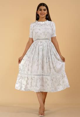 White casual & party wear handprinted designer dress for womens & girls 2