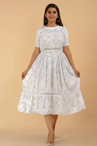 White casual & party wear handprinted designer dress for womens & girls