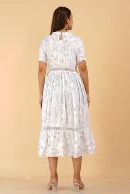 White casual & party wear handprinted designer dress for womens & girls 3