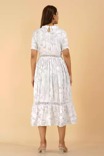White casual & party wear handprinted designer dress for womens & girls