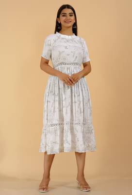 White casual & party wear handprinted designer dress for womens & girls 4