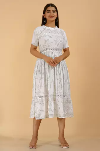 White casual & party wear handprinted designer dress for womens & girls