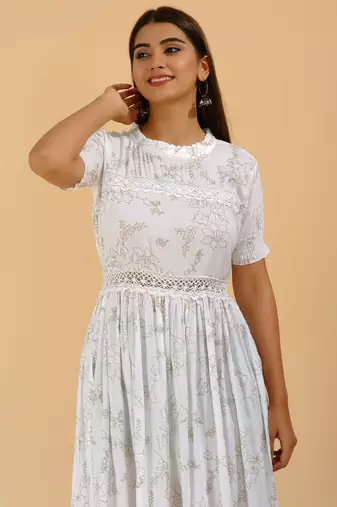 White casual & party wear handprinted designer dress for womens & girls