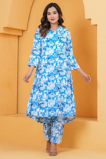 blue rayon printed kurta sets