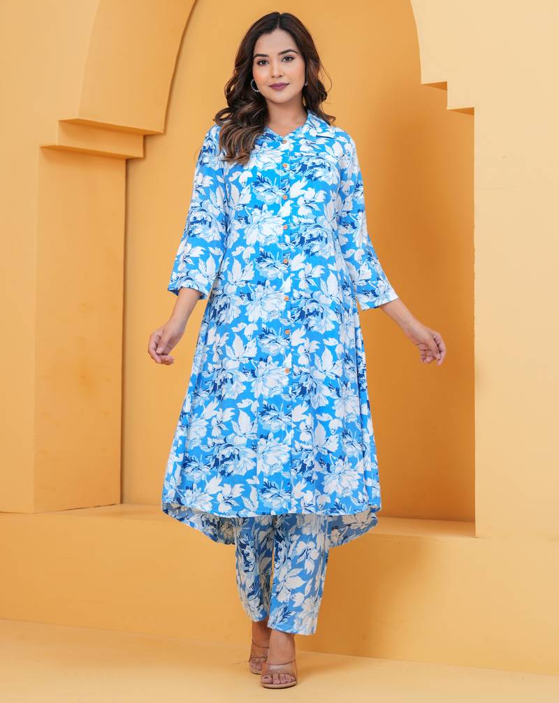 Women's rayon floral printed designer afghani pattern ethnic kurti with pant set 