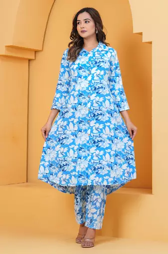 Women's rayon floral printed designer afghani pattern ethnic kurti with pant set 