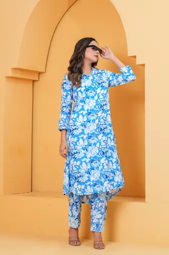 Women's rayon floral printed designer afghani pattern ethnic kurti with pant set 