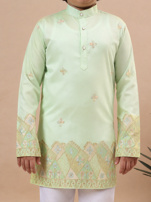Boys pista green cotton silk geometric floral embroidered border kurta & pyjama set 3