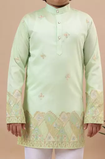 Boys pista green cotton silk geometric floral embroidered border kurta & pyjama set