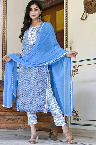 blue rayon printed kurta sets