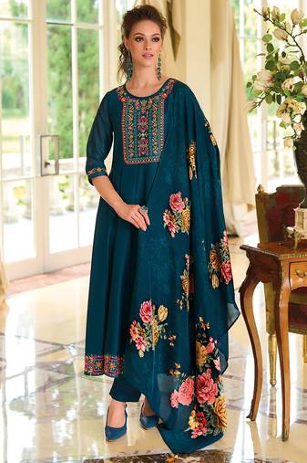 Floral embroidered silk round neck kurta trouser & dupatta set
