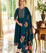 Floral embroidered silk round neck kurta trouser & dupatta set