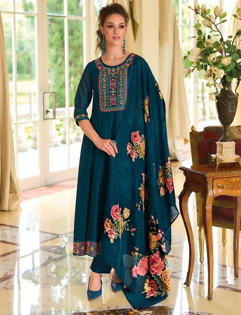 Floral embroidered silk round neck kurta trouser & dupatta set