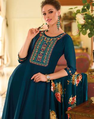 Floral embroidered silk round neck kurta trouser & dupatta set 2
