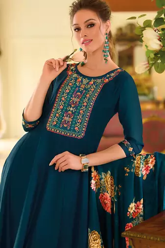 Floral embroidered silk round neck kurta trouser & dupatta set