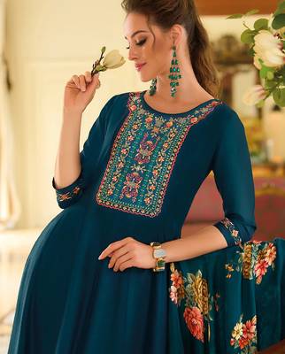 Floral embroidered silk round neck kurta trouser & dupatta set 3
