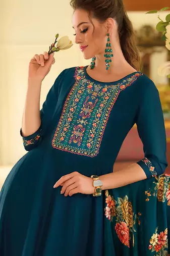 Floral embroidered silk round neck kurta trouser & dupatta set