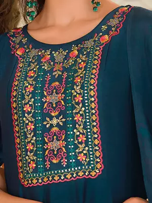 Floral embroidered silk round neck kurta trouser & dupatta set 4