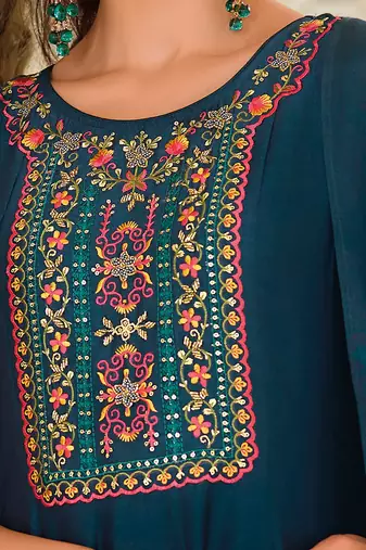 Floral embroidered silk round neck kurta trouser & dupatta set