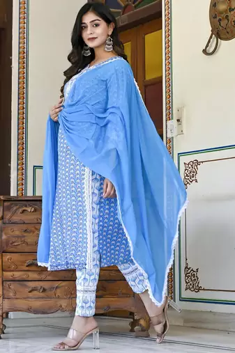 blue rayon printed kurta sets