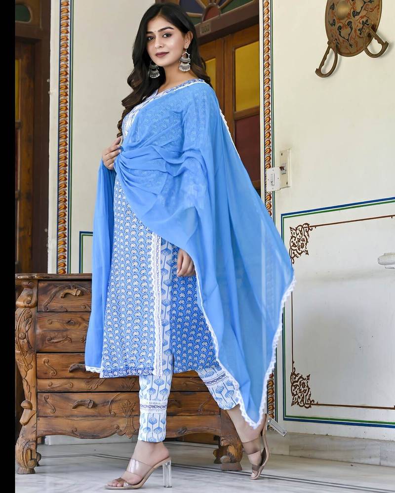 blue rayon printed kurta sets