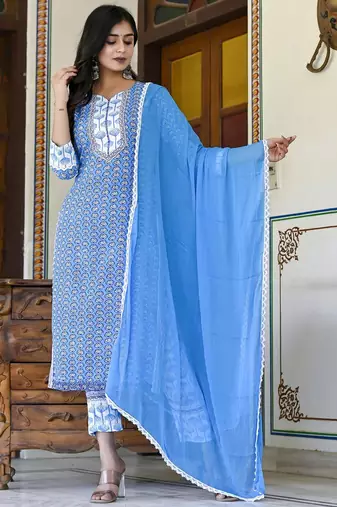 blue rayon printed kurta sets