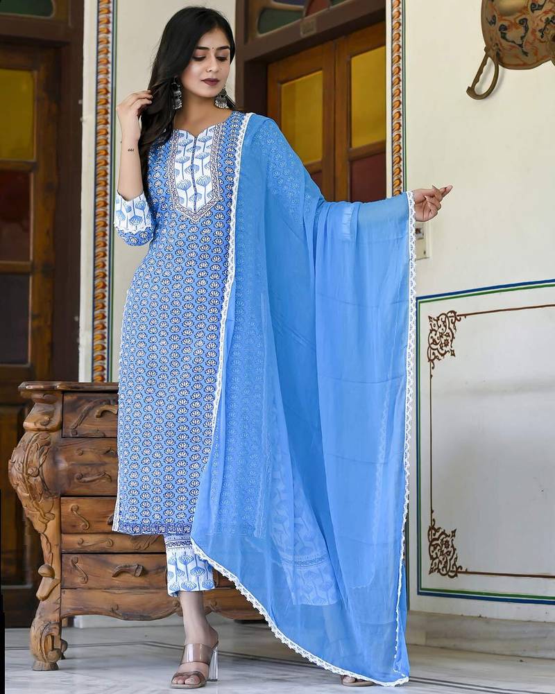 blue rayon printed kurta sets