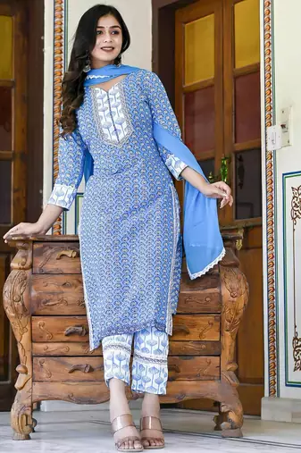 blue rayon printed kurta sets