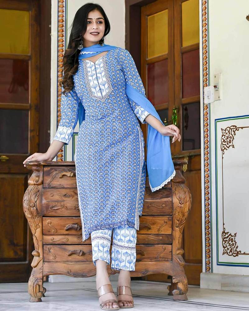 blue rayon printed kurta sets