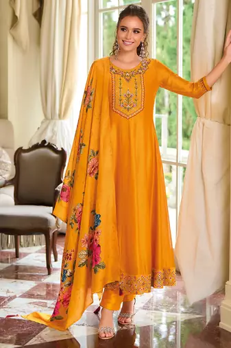 Floral embroidered silk round neck kurta trouser & dupatta set