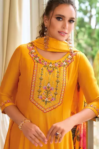 Floral embroidered silk round neck kurta trouser & dupatta set