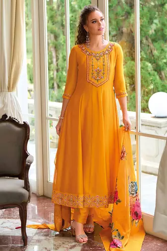 Floral embroidered silk round neck kurta trouser & dupatta set