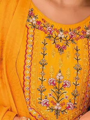 Floral embroidered silk round neck kurta trouser & dupatta set 4