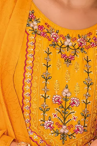Floral embroidered silk round neck kurta trouser & dupatta set