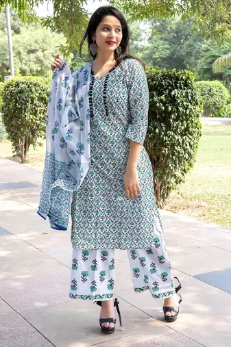 green rayon printed kurta sets