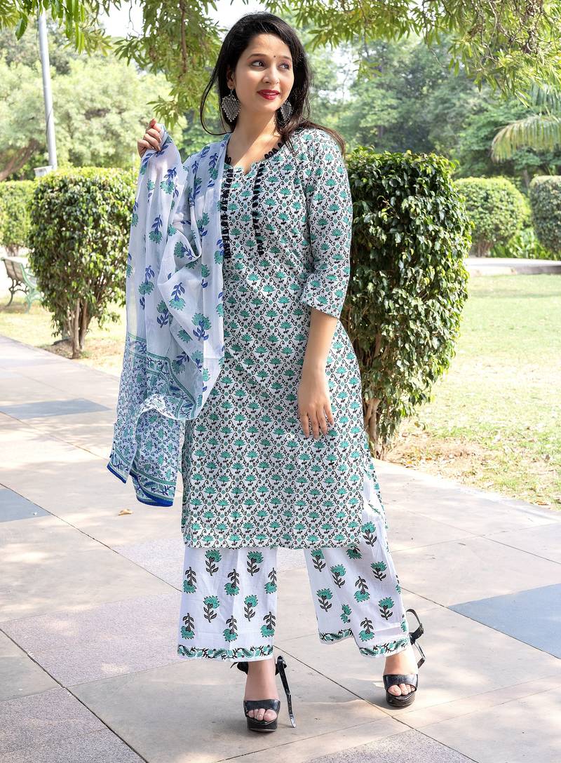 green rayon printed kurta sets