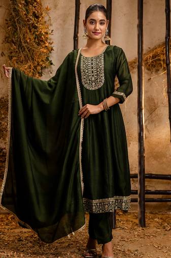 Floral embroidered silk round neck kurta trouser & dupatta set