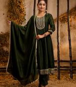 Floral embroidered silk round neck kurta trouser & dupatta set