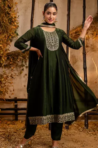 Floral embroidered silk round neck kurta trouser & dupatta set