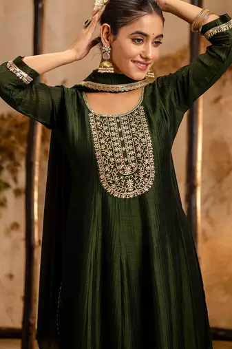 Floral embroidered silk round neck kurta trouser & dupatta set
