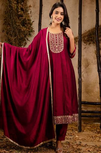 Floral embroidered silk round neck kurta trouser & dupatta set