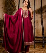 Floral embroidered silk round neck kurta trouser & dupatta set