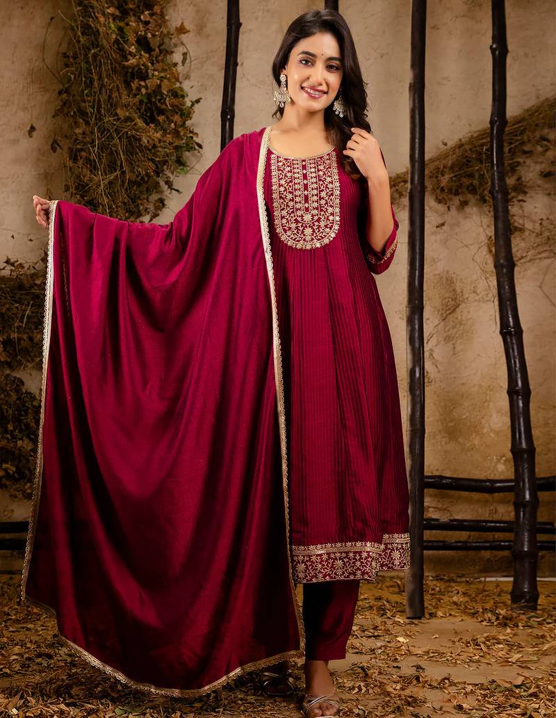Floral embroidered silk round neck kurta trouser & dupatta set