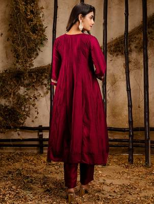 Floral embroidered silk round neck kurta trouser & dupatta set 2