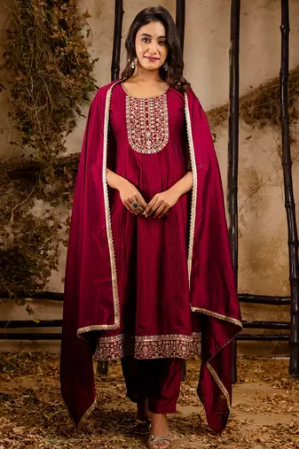 Floral embroidered silk round neck kurta trouser & dupatta set