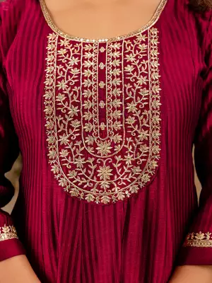Floral embroidered silk round neck kurta trouser & dupatta set 4