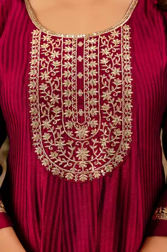 Floral embroidered silk round neck kurta trouser & dupatta set