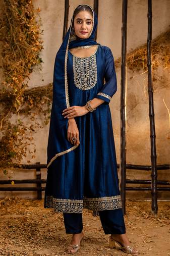 Floral embroidered silk round neck kurta trouser & dupatta set