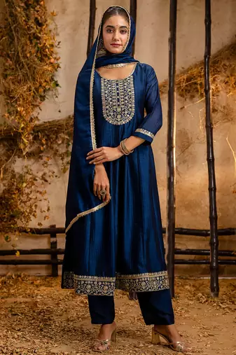 Floral embroidered silk round neck kurta trouser & dupatta set
